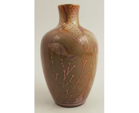 A Pilkington Royal Lancastrian lustre vase, deigned by Richard Joyce, decorated with fish swimming amongst seaweed, height 6i