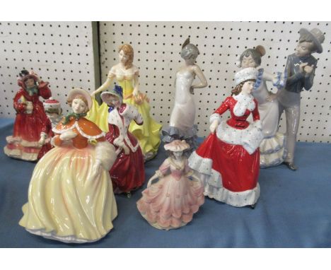 Six Royal Doulton figures, Summer, Autumn, Winter, Christmas Morn, Christmas Time and Best Wishes, together with two Nao figu