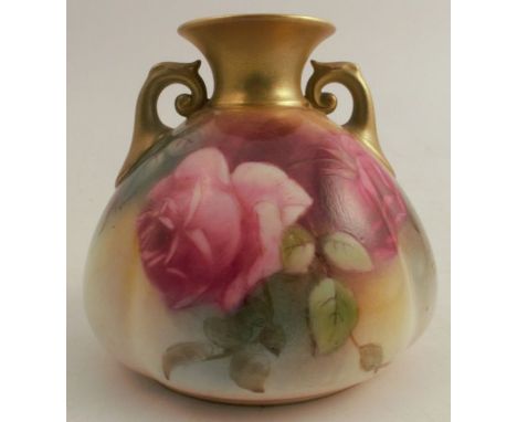 A Royal Worcester vase, decorated with red and pink roses, shape number H155, height 3.5ins