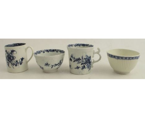 Two First Period Worcester mugs, decorated in blue and white, height 2.5ins, together with two tea bowls decorated in blue an