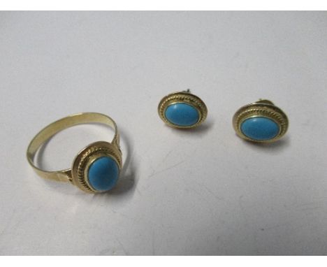 A turquoise ring and matching ear studs, stamped '585, 4.9g gross