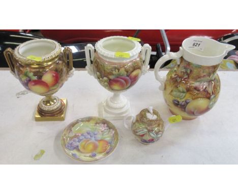 A collection of Royal Worcester porcelain, to include four unfinished painted fruit pieces and a pedestal vase decorated with