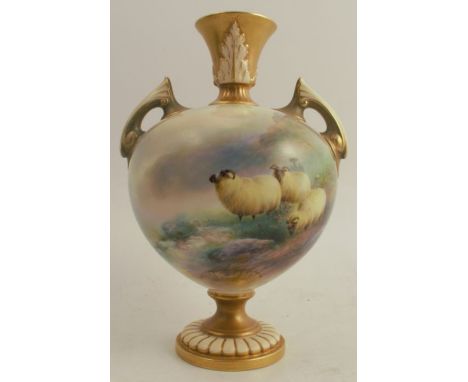 A Royal Worcester bulbous bodied vase, decorated with three sheep in a landscape, with vignette to the reverse, by Harry Davi