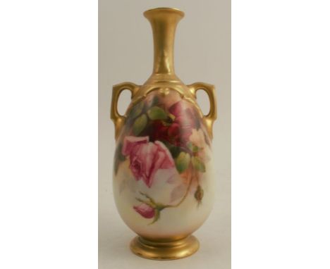 A Royal Worcester twin handle vase, decorated with roses by Flaxman, shape number 1762, height 8ins