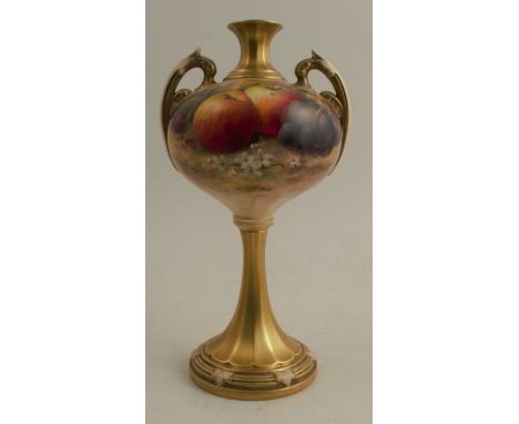 A Royal Worcester two handled spherical vase, raised on a gilded elongated trumpet base, decorated half round with hand paint