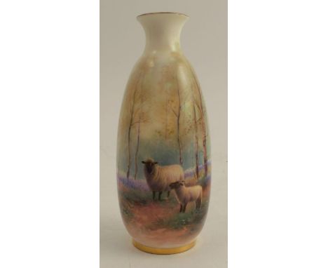 A Royal Worcester spill vase, decorated with sheep in a a bluebell wood, by Harry Davis, shape number 2491, neck restored, he