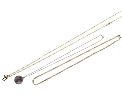 A 9 carat gold Chai pendant on a 9 carat gold chain, pendant length 2cm, chain length 62cm; a silver medical pendant on an 18