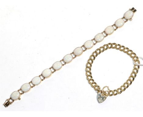 A 9 carat gold double curb and lock bracelet, lock stamped '375', length 18.5cm; and an opal bracelet, stamped '14K', length 