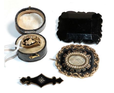 A collection of Victorian mourning jewellery, comprising of an 18 carat gold ring, finger size M; a yellow metal ring, finger