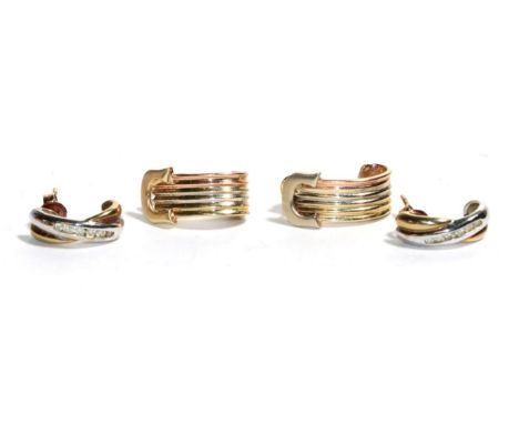 A pair of 9 carat two colour gold diamond set cuff earrings; and a pair of three colour cuff earrings .  Diamond set cuff ear