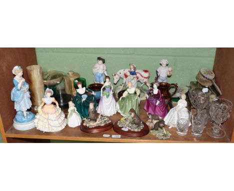 A shelf of decorative ceramics and glass including a pair of bisque figures of hunters; Staffordshire cow group; four Royal D