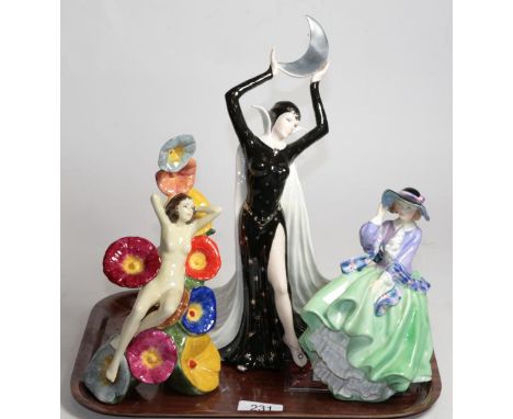 A Wedgwood figure 'Queen of The Night'; Carlton Ware figure; and Royal Doulton 'Top O The Hill' figure (3)