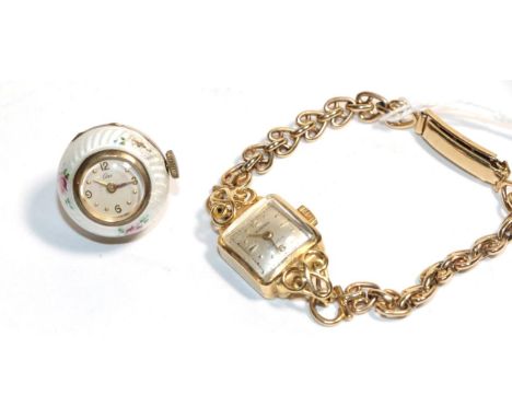 An 18 carat gold ladies wristwatch, signed Bucherer, on a 9 carat bracelet; and a gilt metal and enamel pendant watch