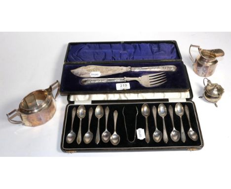 Cased silver teaspoons; fish slice and fork; silver cream and sugar