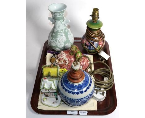 Six ceramic items including a Moorcroft lamp 