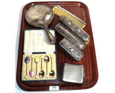 Silver gilt and enamel coffee bean spoons; silver dressing table pieces; and a silver cigarette case with engine turned decor