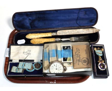 A silver chronograph pocket watch; two silver gilt enamel Amphibious Masonic Lodge 1803 numbered medals; 1939-1945 Defence me