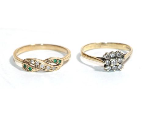 A 9 carat gold diamond cluster ring, finger size M1/2; and a further gem set ring, stamped '585', finger size P.  9 carat rin