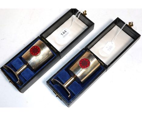 Two cased silver commemorative goblets for Lincoln Cathederal, Derek T Birch, Lincoln 1972, each set with an enamel roundel