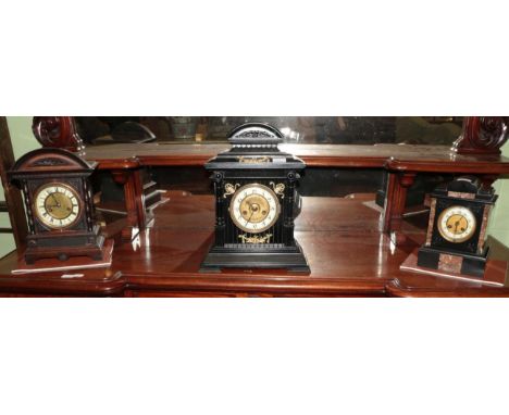 Two Victorian wooden cased striking mantel clocks and a black slate and marble striking mantel clock (3) 