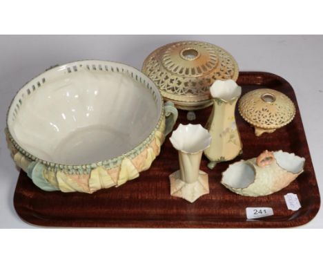 Royal Worcester blush ivory comprising a leaf moulded bowl; two pot pourris; candlestick; two vases 