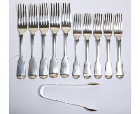 A part service of George IV/William IV silver fiddle pattern flatware, William Eaton, London 1827/32, comprising five table f