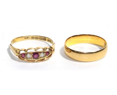 An 18 carat gold diamond and ruby five stone ring, finger size S; and a 22 carat gold band ring, finger size P1/2 (2).  Band 