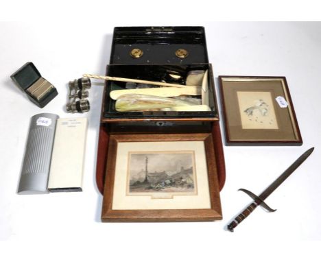 Two framed pictures; cross pen/pencil set; letter opener with inlaid handle; four ivory/bone items; metal pen set; money box;