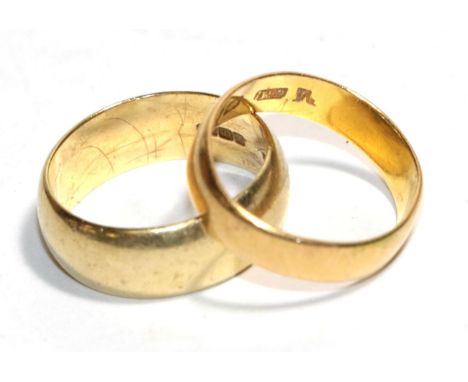 A 22 carat gold band ring (misshapen) and an 18 carat gold band ring, finger size R1/2  (2).  22 carat band ring - 4.62 grams