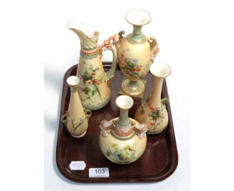 Five pieces of Royal Worcester blush ivory comprising a jug and four vases 