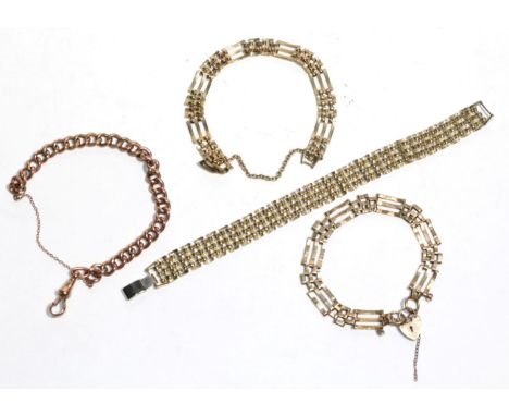 A gate link bracelet stamped '9' '.375', to a 9 carat gold padlock clasp, length 18cm; a curb link bracelet, stamped '9c' len