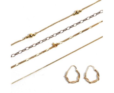 A group of assorted 9 carat gold chains, of varying lengths (some a.f.); and a pair of hoop earrings, stamped '750'.  Chains 