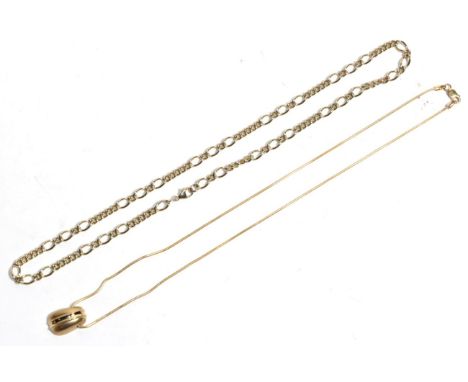 A 9 carat gold matt polished pendant on a snake chain, length 40cm; and a 9 carat gold fancy link chain necklace, length 41cm