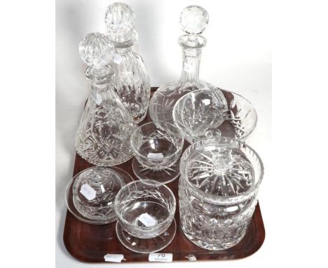 Two Waterford glass decanters; another decanter; Webb butter dish; two Waterford sundae dishes; a Waterford biscuit barrel an