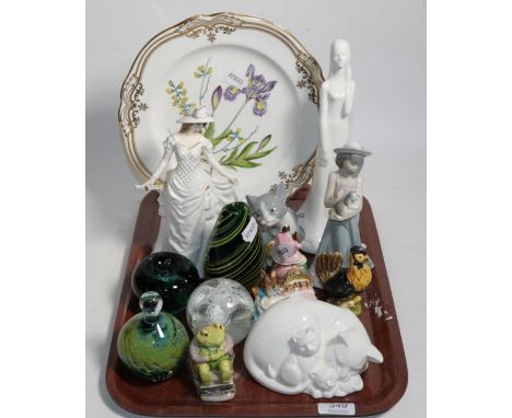 A Coalport Botanical plate 'Iris and Sphaerolobium' with Beswick Beatrix Potter figures, Caithness paperweights, Lladro etc (