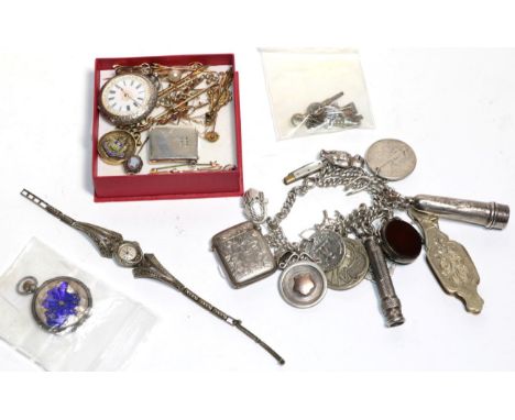 Assorted items: gem set gold jewellery, silver 'charm' bracelet, fob watch, etc 