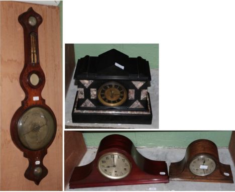 Two mantel clocks; a Victorian black slate mantel timepiece and a Victorian rosewood wheel barometer (4) 