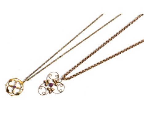 A 9 carat gold foliate pendant on gilt metal chain, chain length 42cm, pendant length 2.75cm; and another 9 carat pendant on 