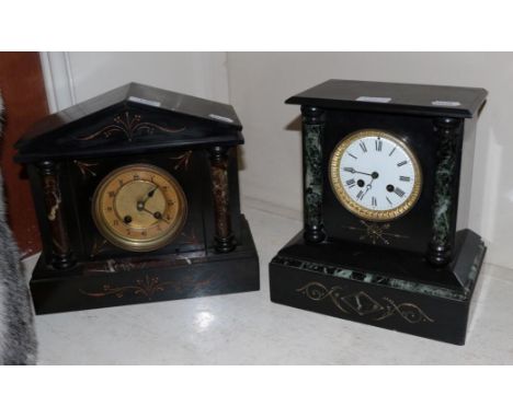 Two Victorian striking black slate mantel clocks 