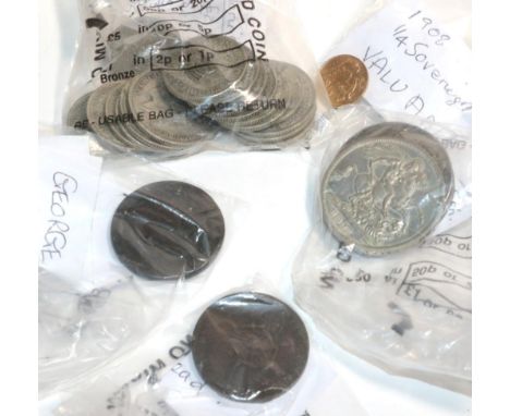 A 1908 gold half sovereign; with various coins including 1951 crown etc (qty)