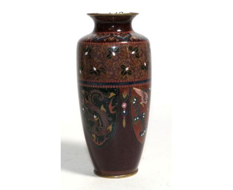 A cloisonne baluster vase with shield shaped panels containing dragons on a light brown background, signed Ando Jubei 