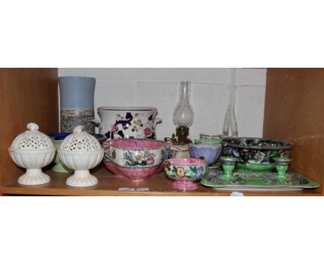 A shelf of assorted ceramics including Maling wares etc