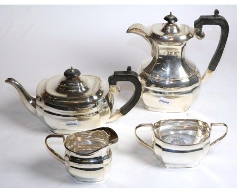 A four piece silver tea service, Harrison Fisher &amp; Co, Sheffield 1975, the hot water jug 23cm high, 54.5ozt (4)