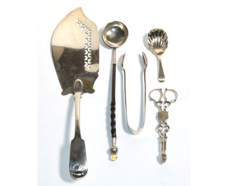 A George IV provincial silver fish slice, Thomas Watson, Newcastle 1829; a Scottish toddy ladle, unmarked, with baleen handle