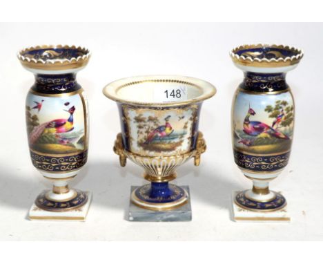 A Chamberlain Worcester bird painted campana shaped vase and a pair of bird painted vases