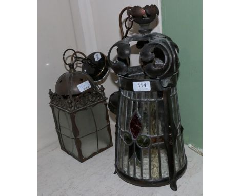 An Art Nouveau colour glass lantern form ceiling light and a small lantern form ceiling light (2)