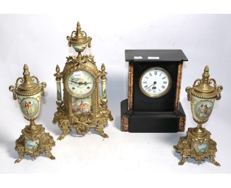 A French reproduction gilt metal mounted porcelain clock garniture, together with a slate and marble mantel timepiece (2)