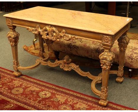 A reproduction marble topped console table, in the 18th century style, 137cm by 65cm by 85cm high