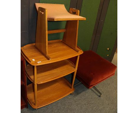 A group of modern furniture including an Ercol light elm three tier trolley, 70cm by 44cm by 77cm, a chrome based stool, an o