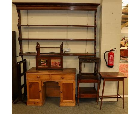 An Edwardian mahogany inlaid fold over bridge table, together with a modern oak three shelf Delft rack, a Victorian pine knee